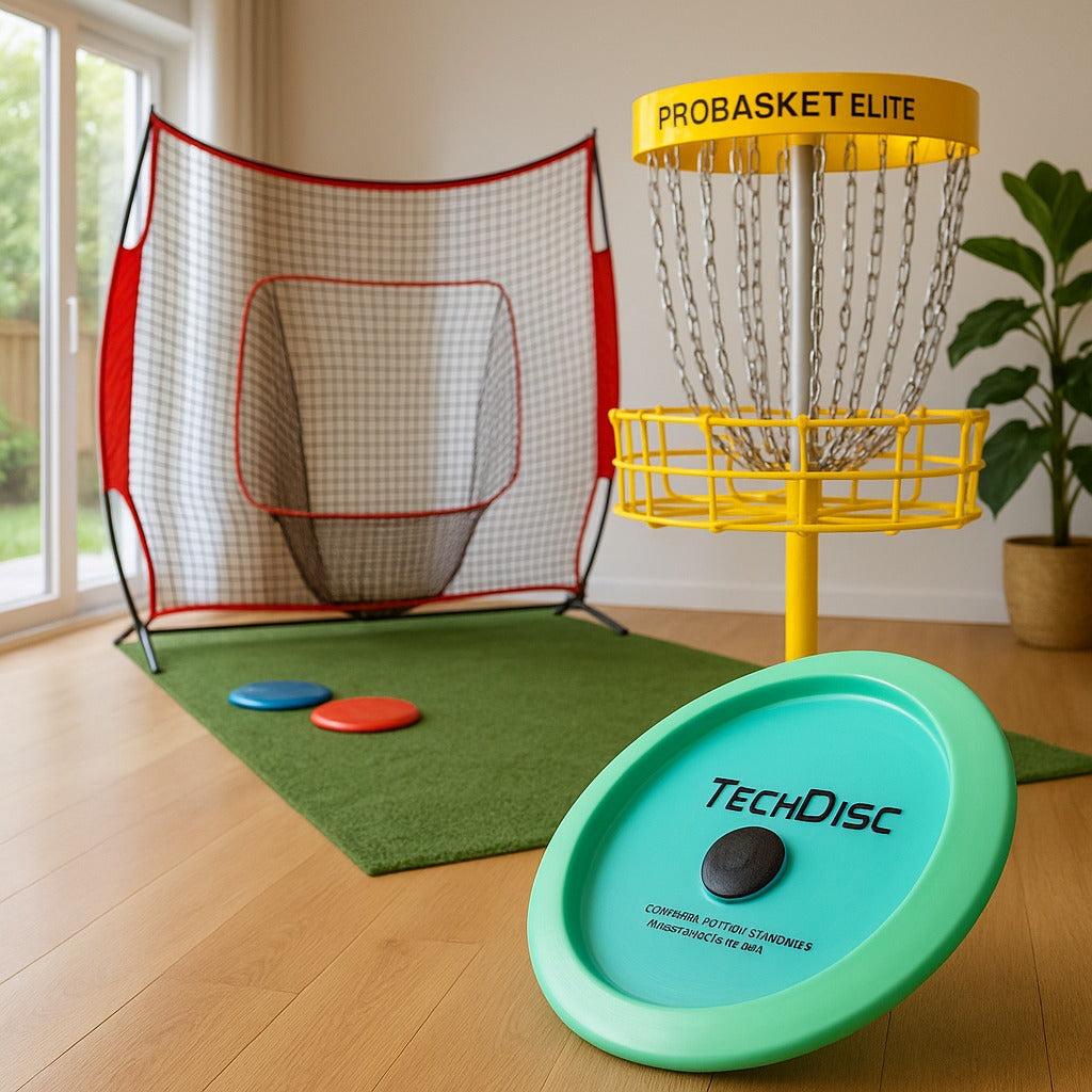 Hemma träning för discgolf. Ett nät, korg och techdisc