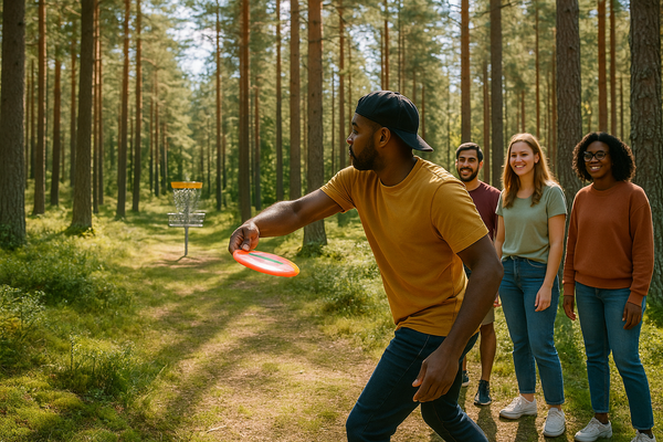 Människor som spelar discgolf i skog - nybörjare som kastar mot korg