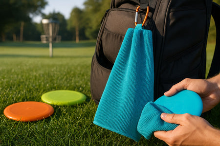 Discgolfhandduk på en väska. Torkar av discen.